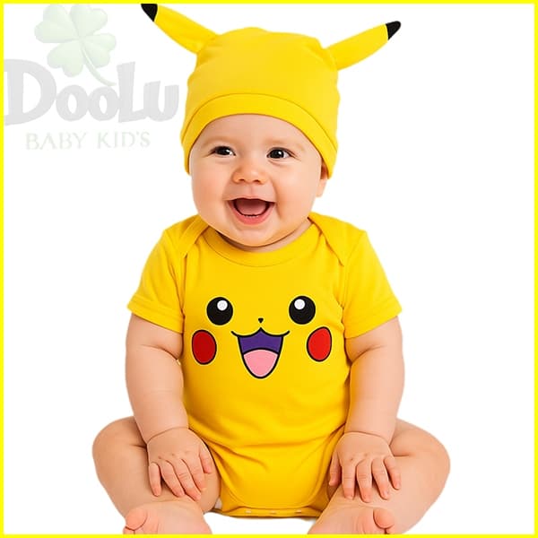 Body de bebê pikachu Pokemon + Touca - Body Mêsversario Temático
