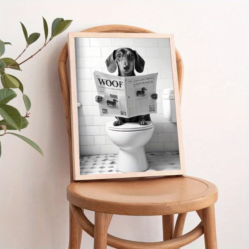 Quadro Decorativo Dachshund Preto Branco Jornal WOOF Arte Caprichosa Banheiro Parede