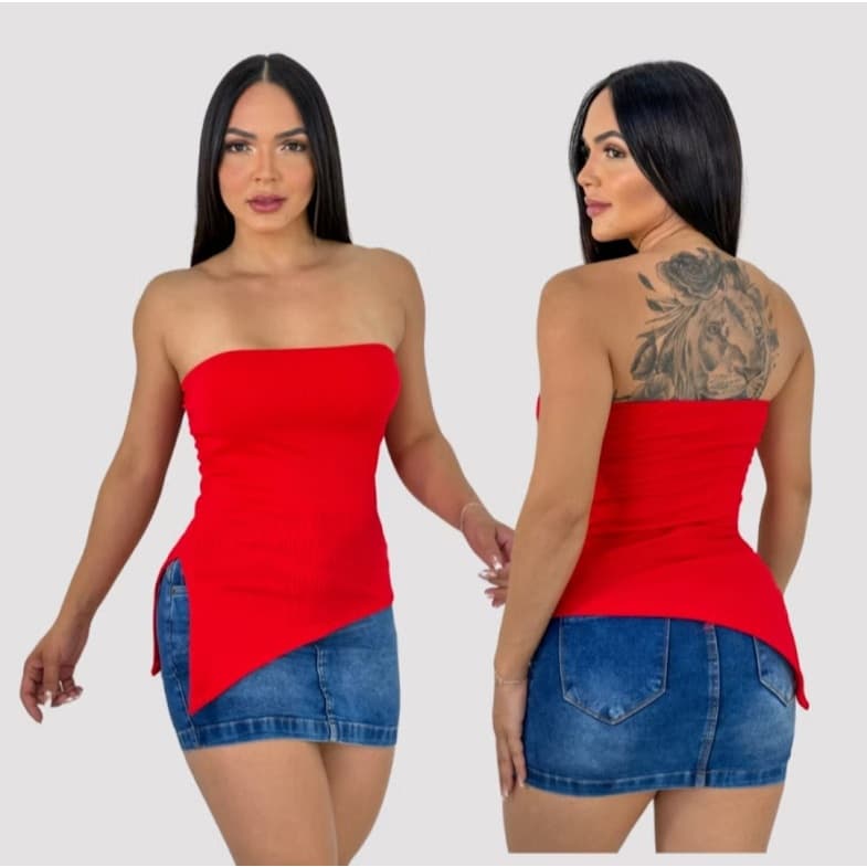 Blusa Blusinha Tomara que Caia Com Bojo Assimétrica Ribana Canelada Lascado Lado Regata Charmosa Elegante