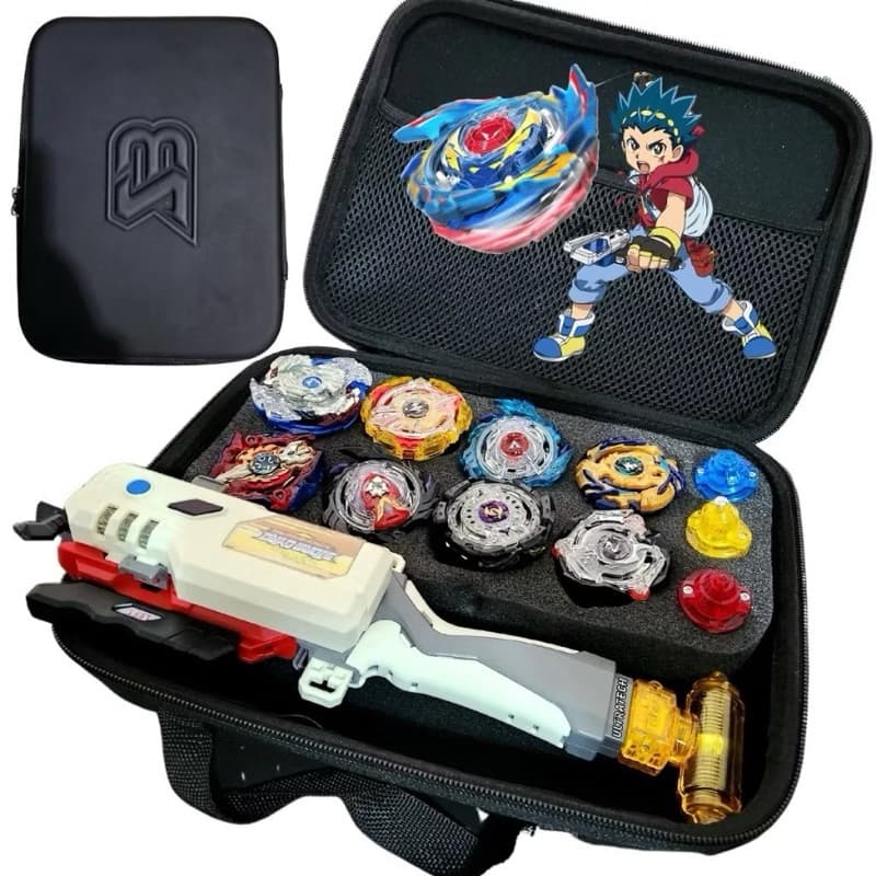 Kit com 8 Beyblades + Lançador + Beylogger + Maleta/Estojo de Transporte