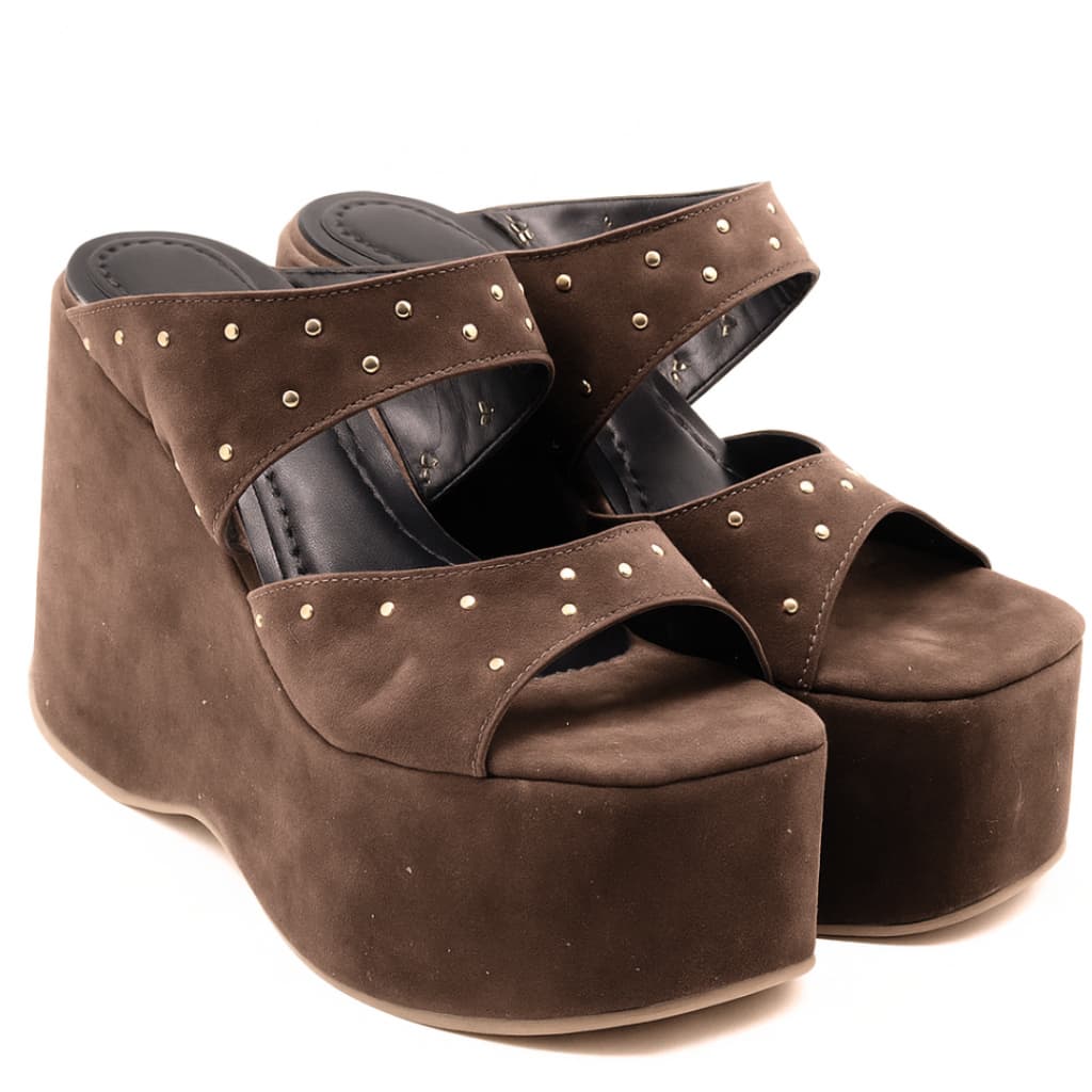 Sandália Anabela Salto Alto Feminina Adriana Bico Peep Toe Esferas Marrom Escuro