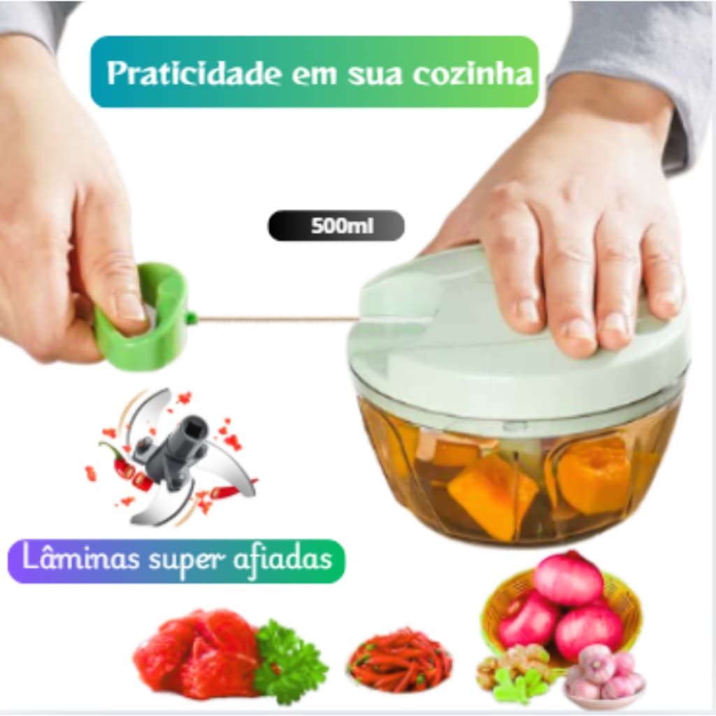 Triturador Manual Cordinha 3 Lâminas Inox 500ml | Picador Alho Cebola Legumes Portátil