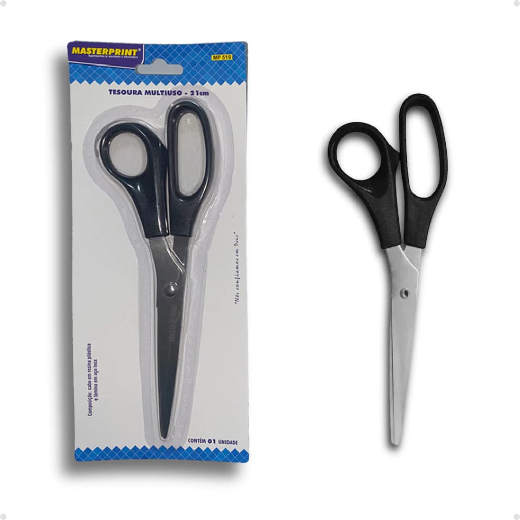 Tesoura Multiuso, Aço Inox Grande 21cm Cabo Preto - Mp510
