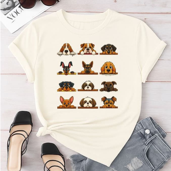 Camiseta Camisa Blusa T-shirt Feminina 100%Algodão Cachorros Fofo Delicada Variedades