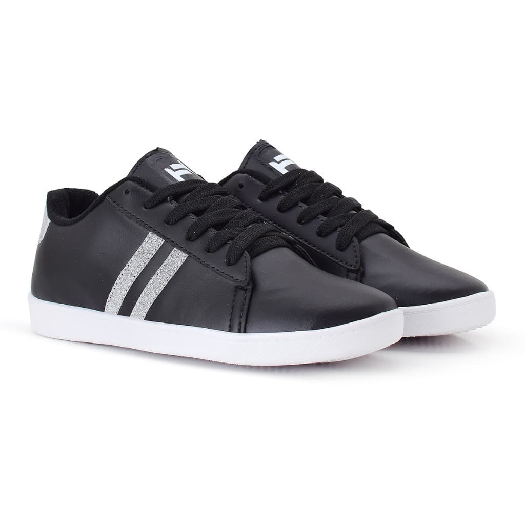 Tênis Casual Feminino Preto com Listras Glitter – Conforto e Estilo