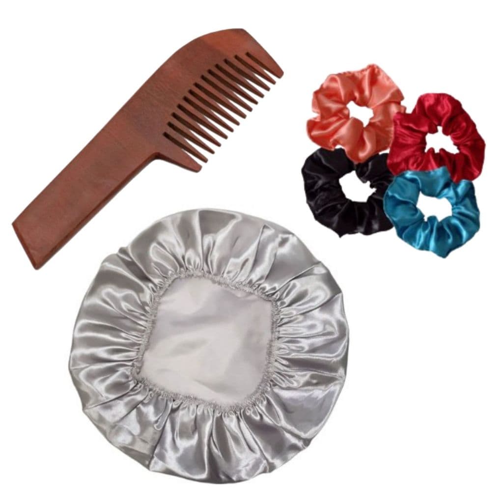 Kit  - 1 Touca de Cetim + 1 Xuxinha + 1 Pente de Madeira 22cm – Proteção Anti Frizz para cabelos