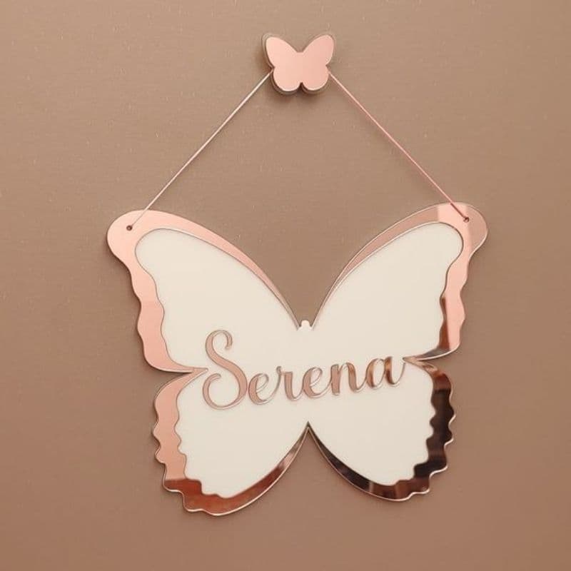 Placa Nome Personalizada Borboleta Acrílico Espelhado Infantil Quarto Bebê Porta Maternidade Decorativo