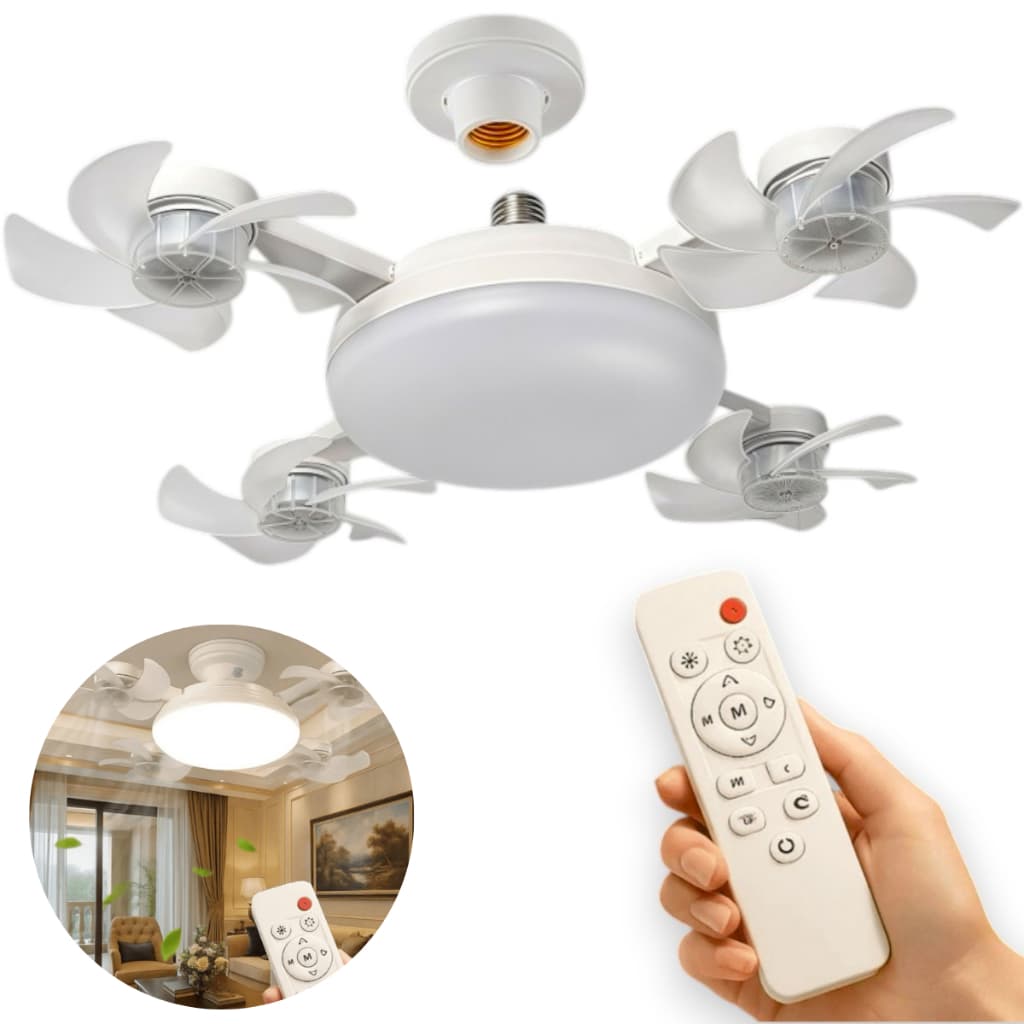 Ventilador de Teto com Lustre LED E27 Silencioso com Controle Remoto 4 Mini Hélices Integradas Bivolt