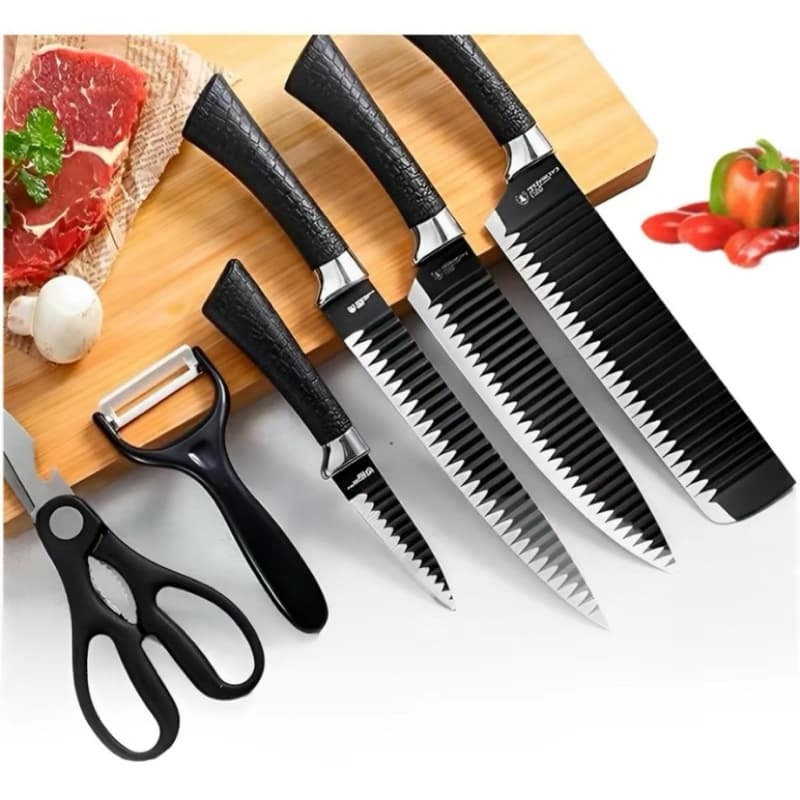 Kit Facas Chef 6 Peças | Cozinha e Churrasco em Aço Inox Preto