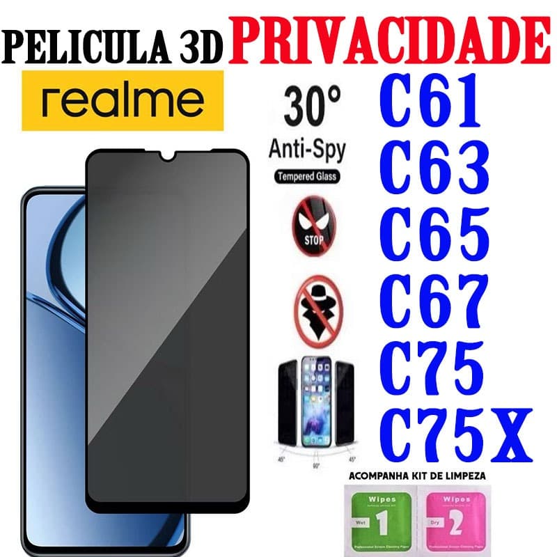 Película 3D Privacidade HD REALME C61/C63/C65/C67/C75/C75X  Protetor Da Tela Anti Spy  Cobri Tudo