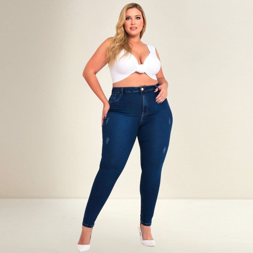 Calça Jeans Plus Size Skinny Encorpada Cintura Alta Tamanho Grande Empina Bumbum com Lycra