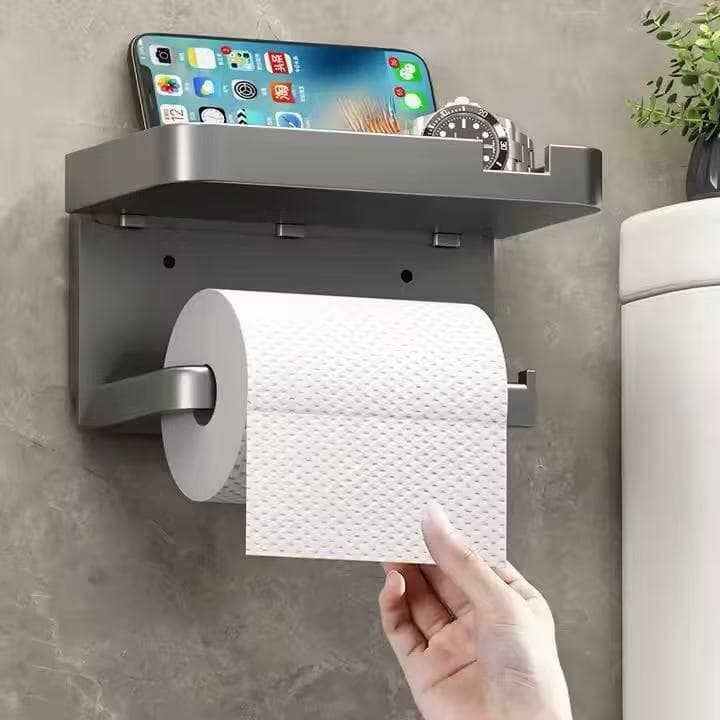 Suporte de Papel Higiênico Premium para Banheiro com Apoio para Celular – Instalação Sem Furos, Cores Preta e Cinza！
