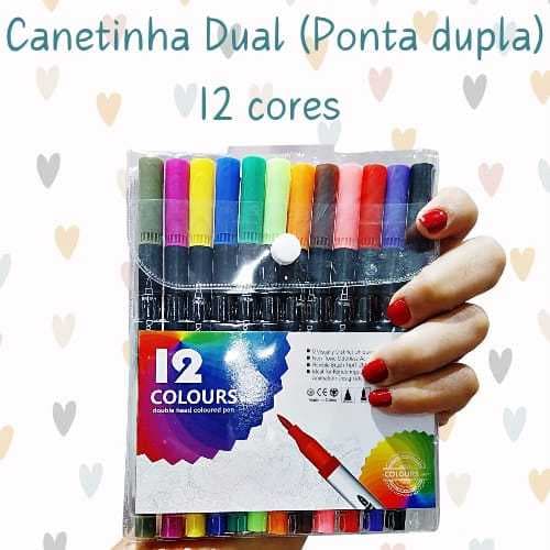 Kit 12 / 24 Cores 2 em 1 Canetinha Ponta Dupla Para Escrita e Desenhos
