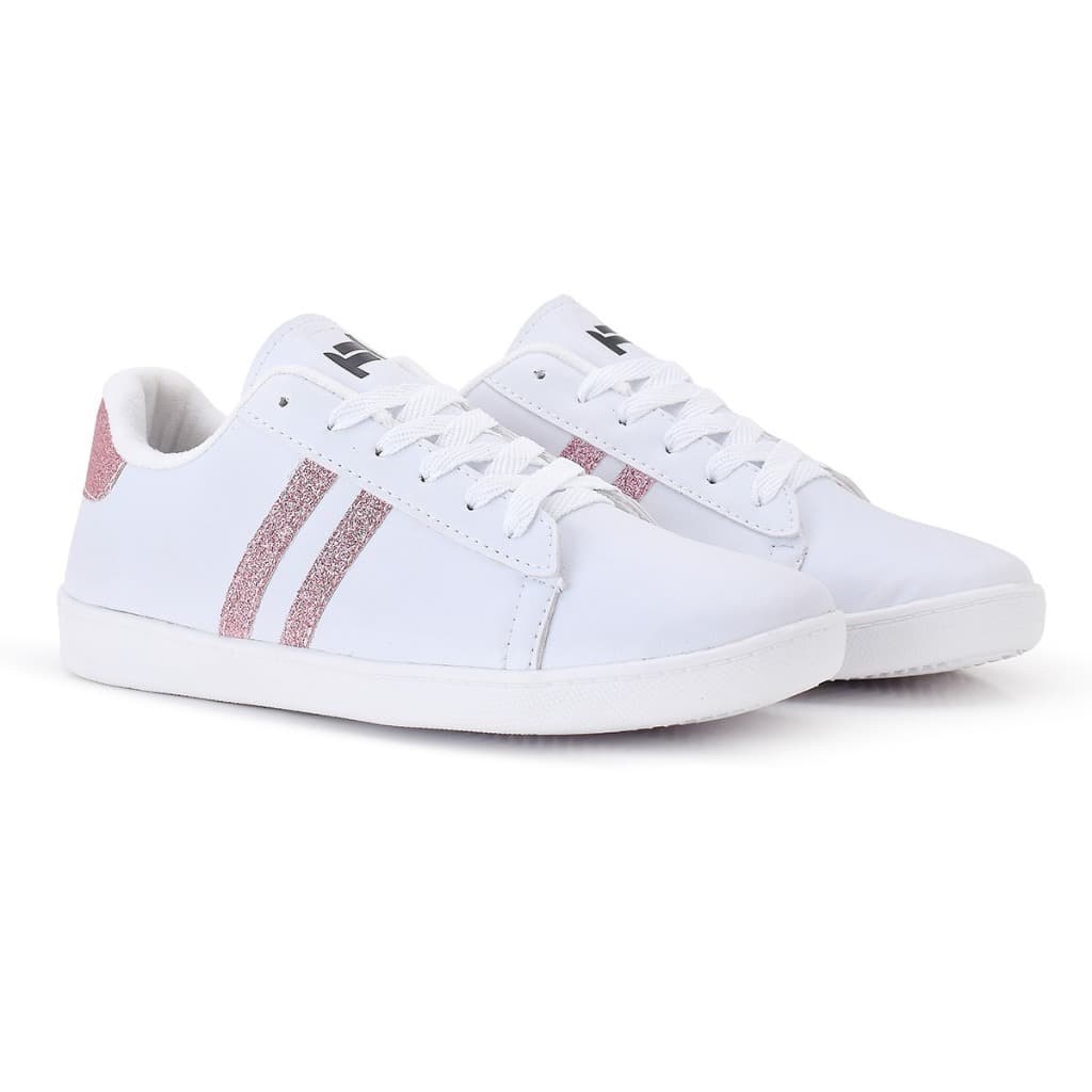 Tênis Casual Branco com Listras Rosa Glitter – Conforto e Estilo Feminino