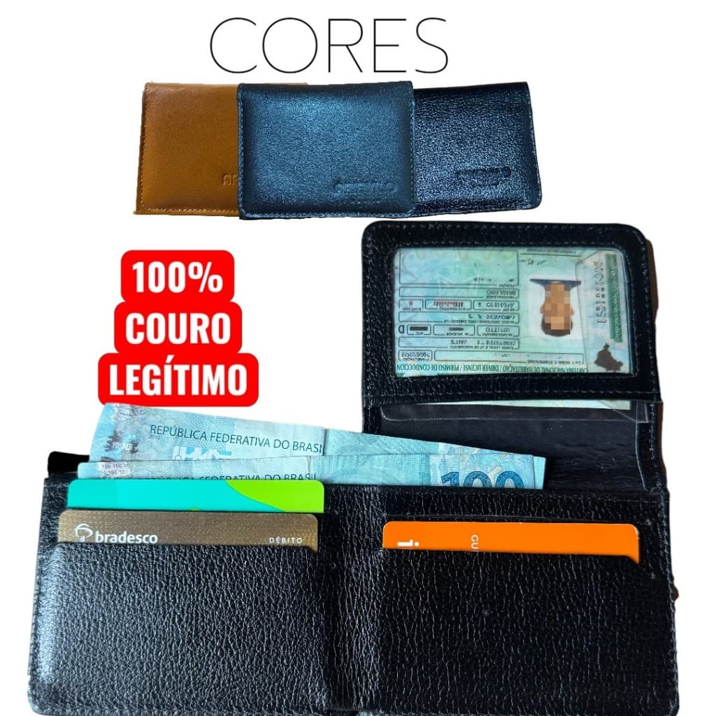CARTEIRA MASCULINA COURO 100% LEGÍTIMO COM PORTA CARTÃO E ESPAÇO PARA DOCUMENTOS