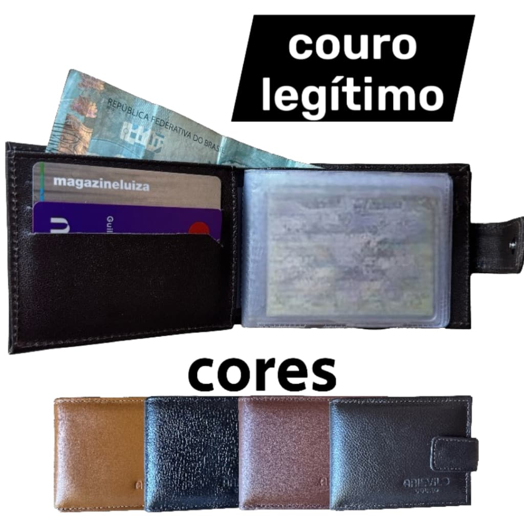 CARTEIRA MASCULINA DE BOTÃO 100% COURO LEGÍTIMO COM PORTA MOEDAS E PORTA CARTÃO
