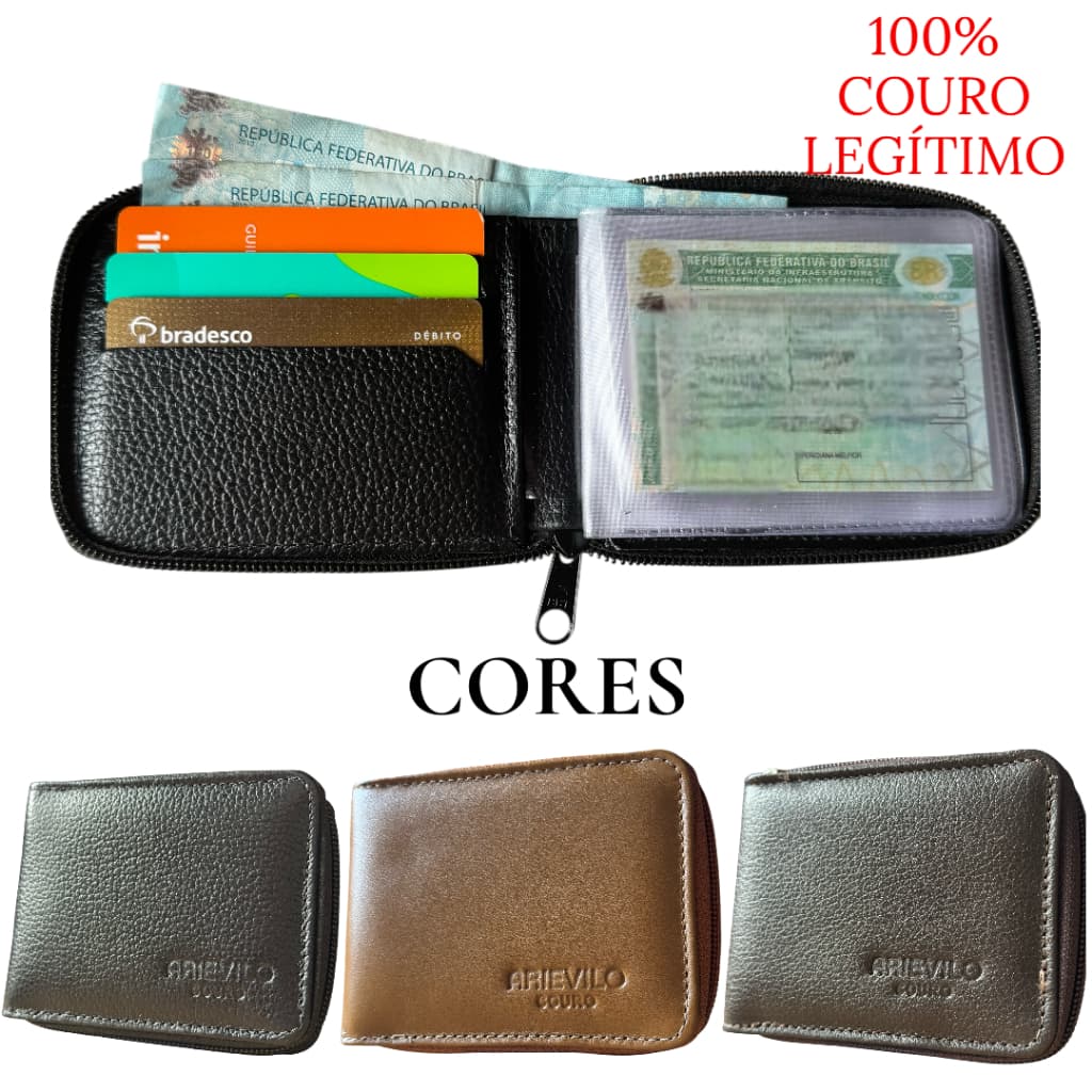 CARTEIRA MASCULINA DE ZÍPER 100% EM COURO LEGÍTIMO