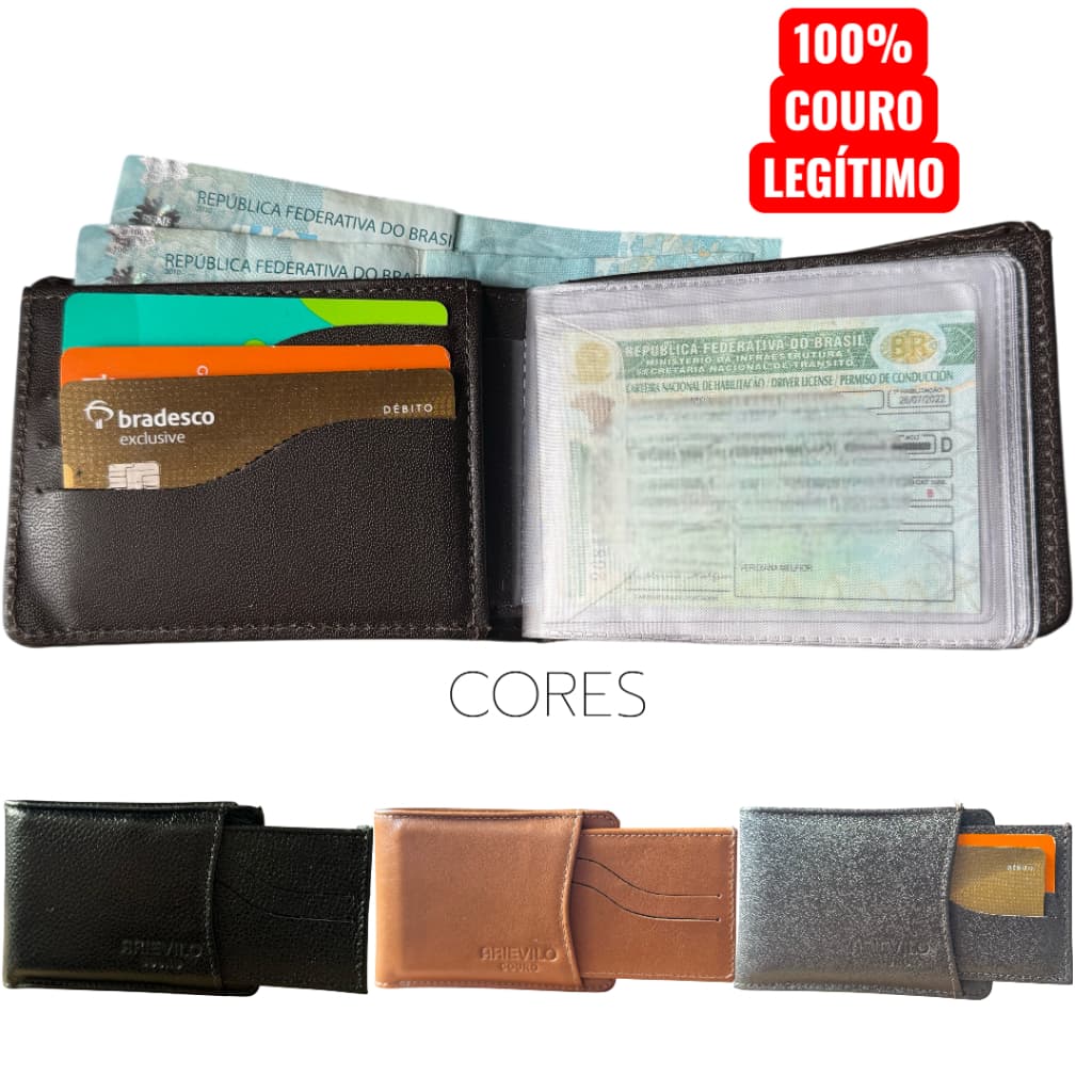 CARTEIRA MASCULINA COURO 100% LEGÍTIMO COM PORTA CARTÃO, ESPAÇO PARA DOCUMENTOS, ADICIONAL DE CARTÃO