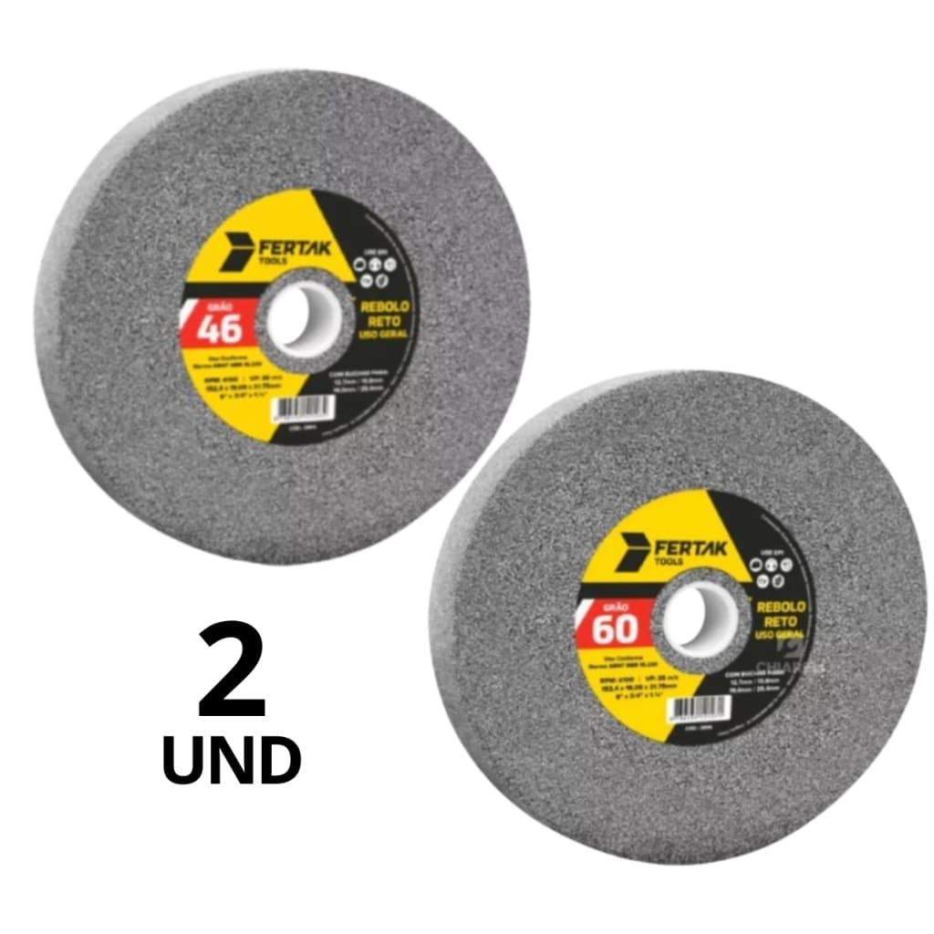 2 Rebolo Reto Pedra Esmeril Grãos 46/60 Uso Geral Tamanho 6"x3/4" Fertak