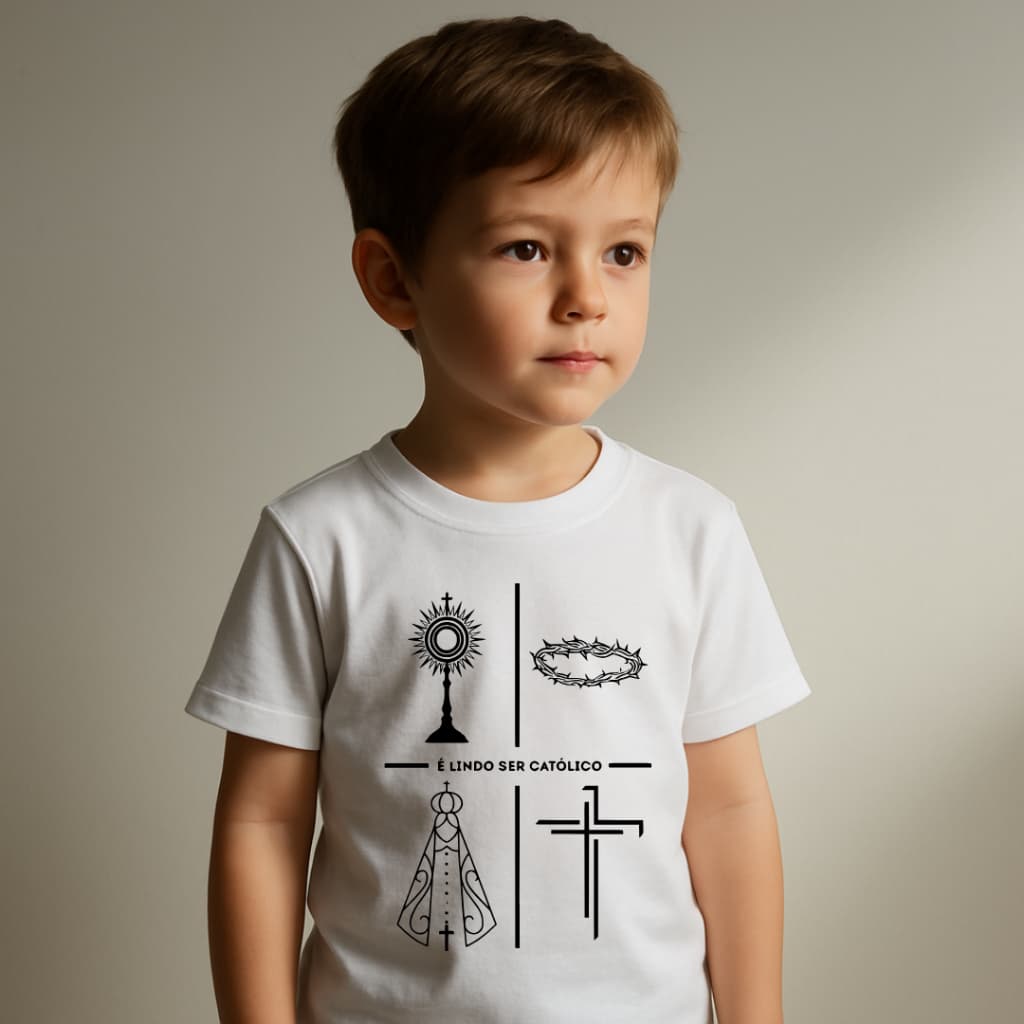 Camiseta Infantil Criança Cristã Católica Estampada Minimalista "É Lindo Ser Católico" 100% Algodão Camisa Premium