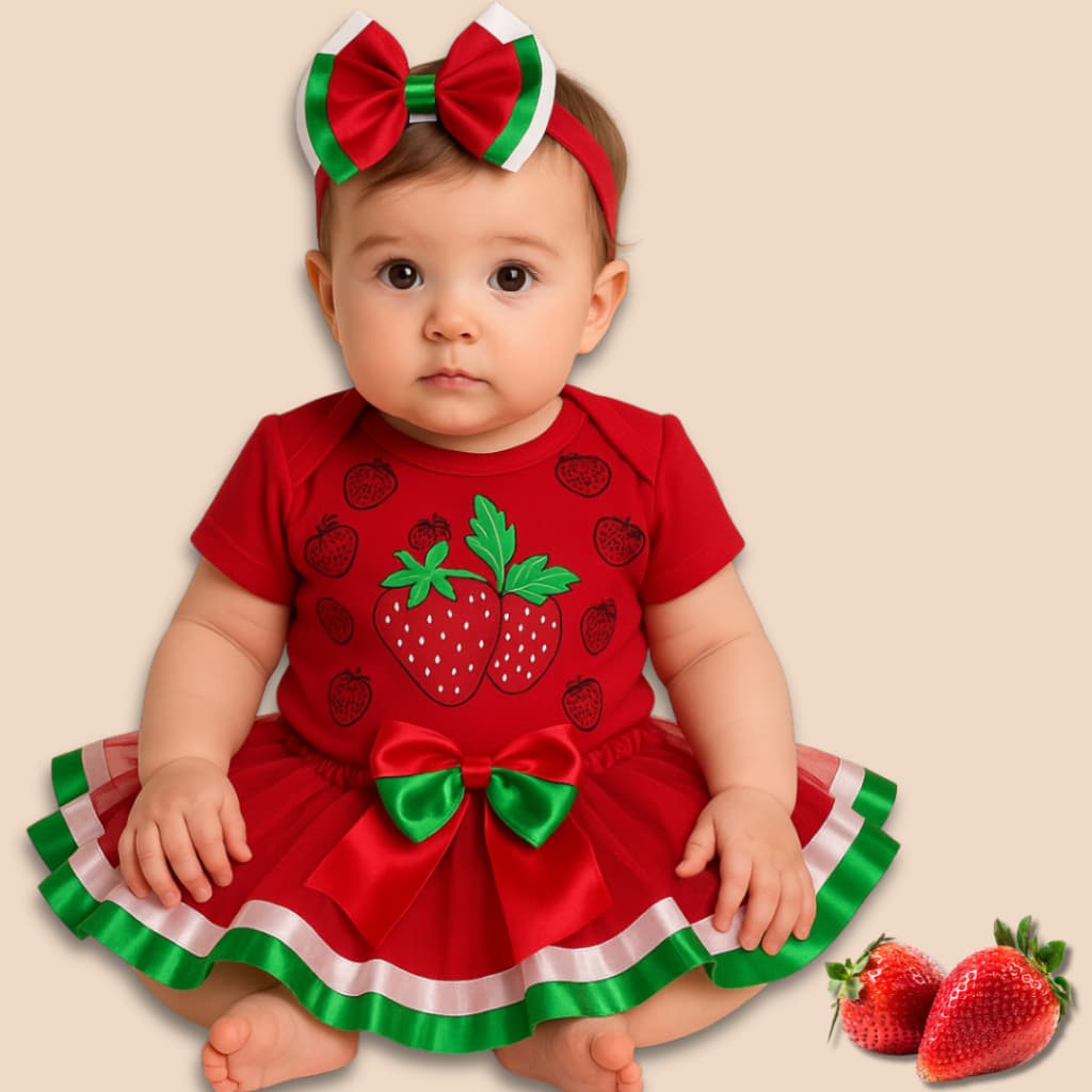 Body Bebê Infantil Menina Mêsversário Temático Morango Super Confortável Linha Premium