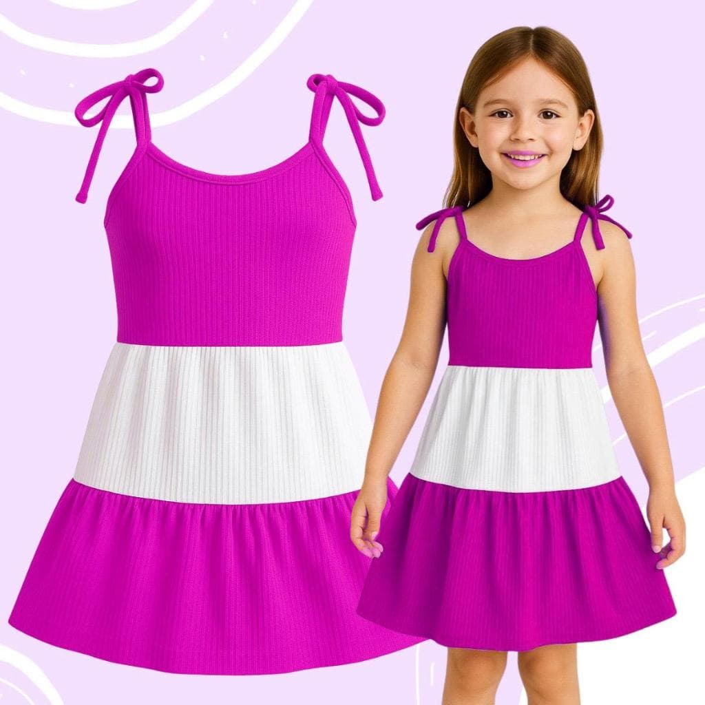Vestido Rosa e Branco Infantil Alça de amarrar tecido canelado Verão