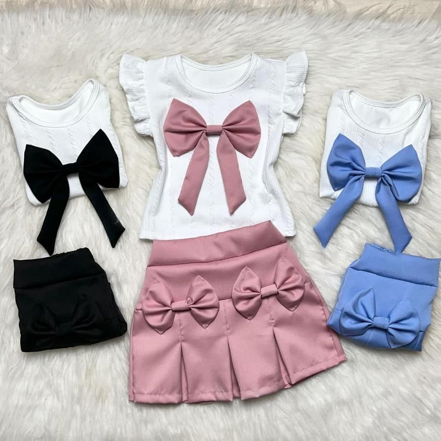 Conjunto Laço Infantil Short Saia Alfaiataria com Blusinha Moda Menina Elegante