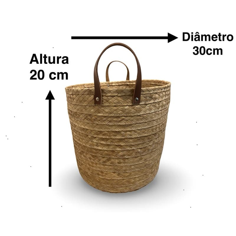 Cesto Cachipot de Palha Artesanal fundo MDF alça couro 30x20 Organizador, Planta, Decorativo, Manta