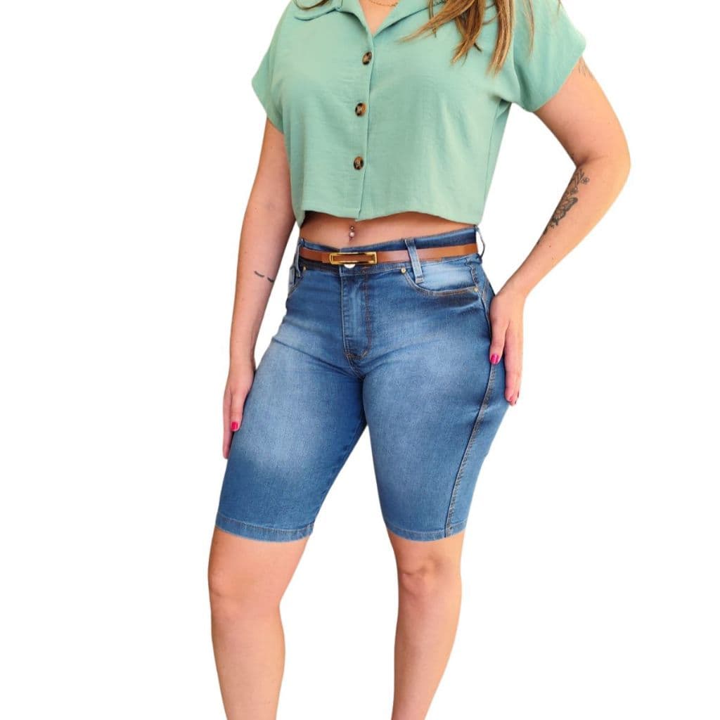 Short Jeans Longo com Elastano Adulto Cintura Alta Conforto Estilo Moderno