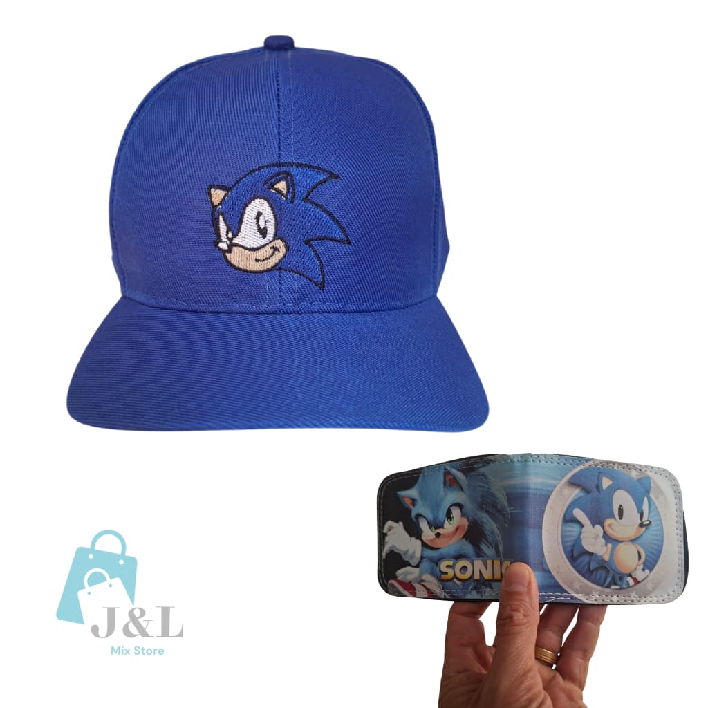 Kit Boné Infantil Personagem Sonic com Carteira de Zíper e Divisórias