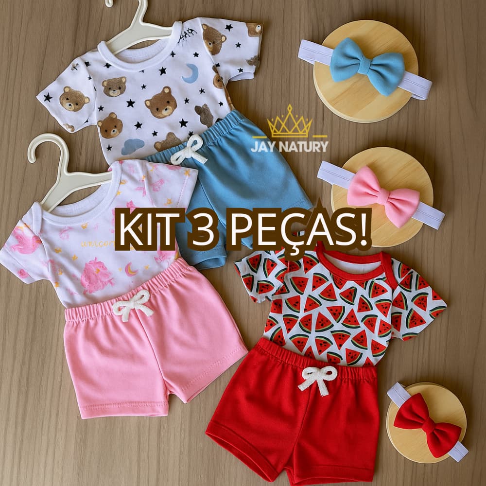 Short Para Bebe Menina Body Temáticos e Faixa 3 Peças para Bebe Menina Lacinho Mesversário 100% Algodão