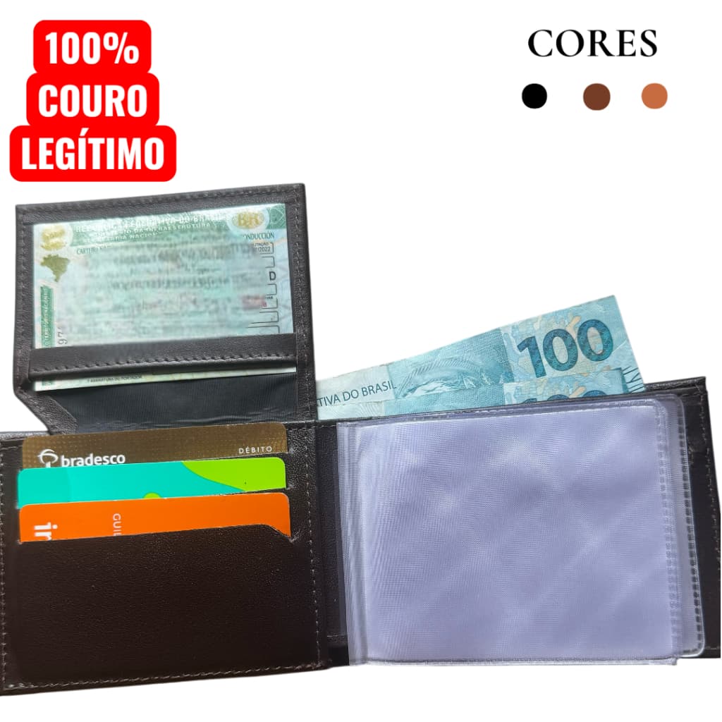 CARTEIRA MASCULINA 100% COURO LEGÍTIMO PORTA CARTÃO PORTA DOCUMENTOS CNH, IDENTIDADE, DINHEIRO