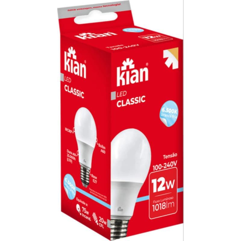Kit 2 Lâmpadas LED Kian 12W Bivolt Econômica Luz Branca 6500K E27