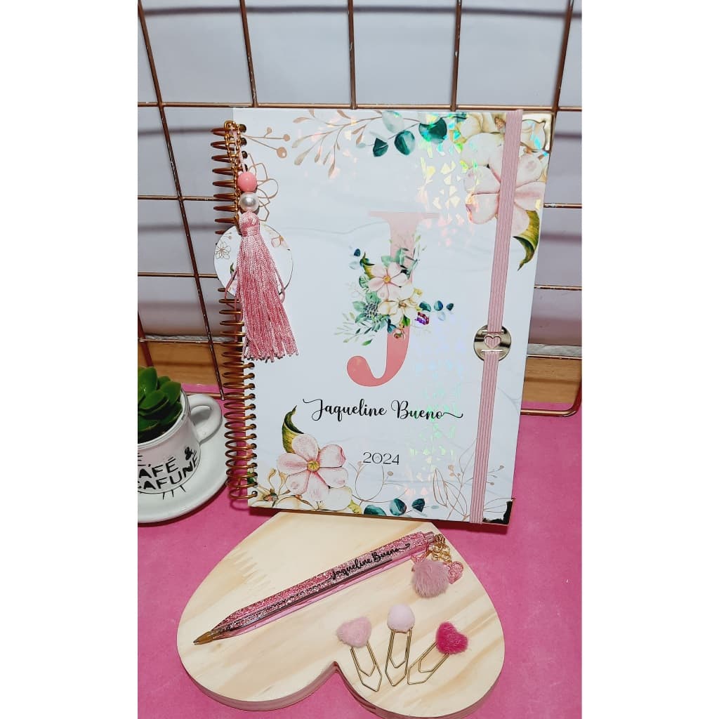 Agenda 2026 Luxo Floral  Capa dura Holográfica + Caneta Resina personalizada com Nome