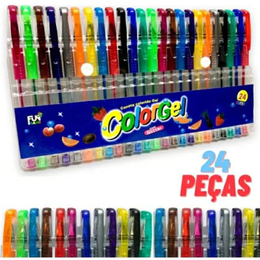 Kit inclui 24 canetas ColorGel com tinta glitter pastel neon metálico escolar