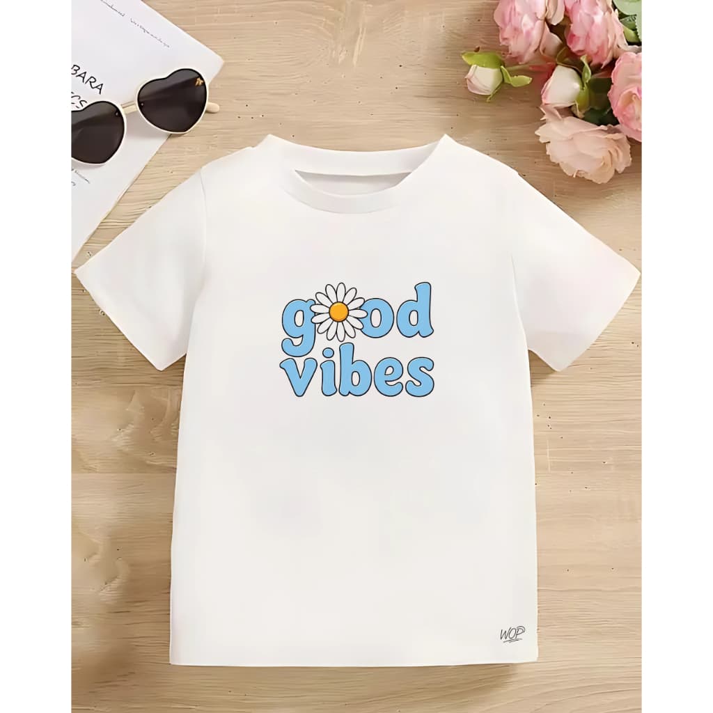 Camiseta Infantil Manga Curta Menina Feminina Good Vibes Básica Delicada Fofa Algodão Premium Confortável