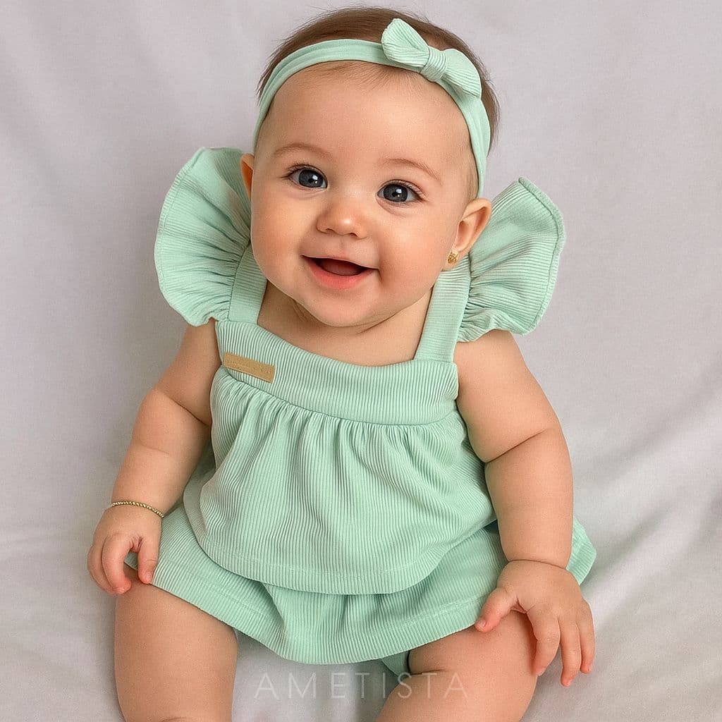 Conjunto Bebê Menina 2 Peças Batinha com Babado e Short Saia Canelado Algodão Roupa Infantil