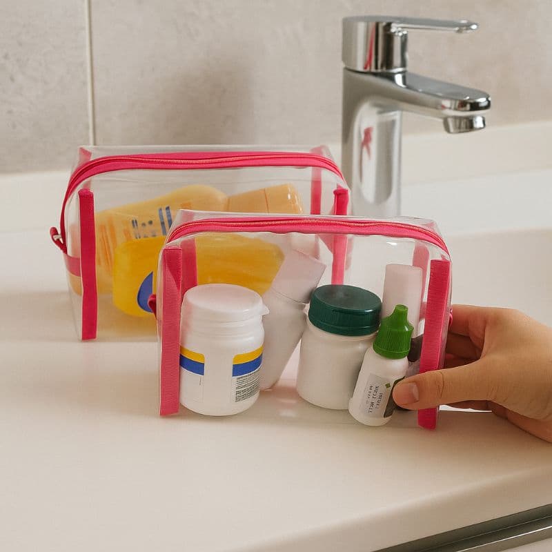 kit com 2 estojos escolar box/baú em plástico  transparente/nécessaire/viagem/lápis e canetas