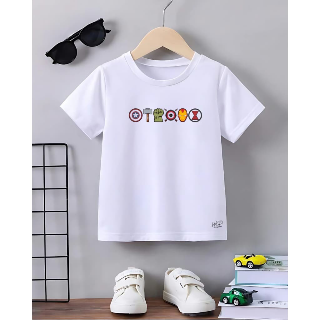 Camiseta Infantil Masculina Vingadores Símbolos Avengers Super Heróis Algodão Confortável