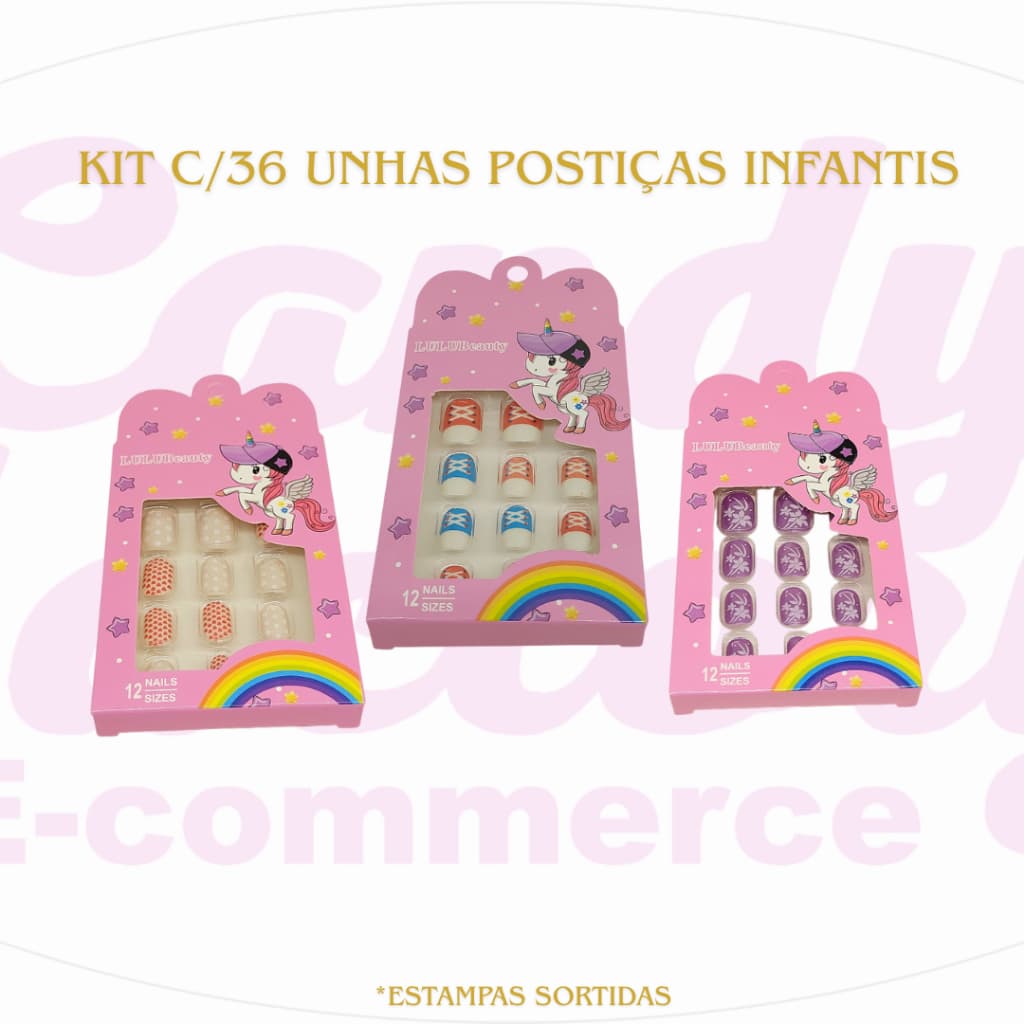 Kit 36 Unhas Postiça Infantil Kids Decoradas Adesivo Colante