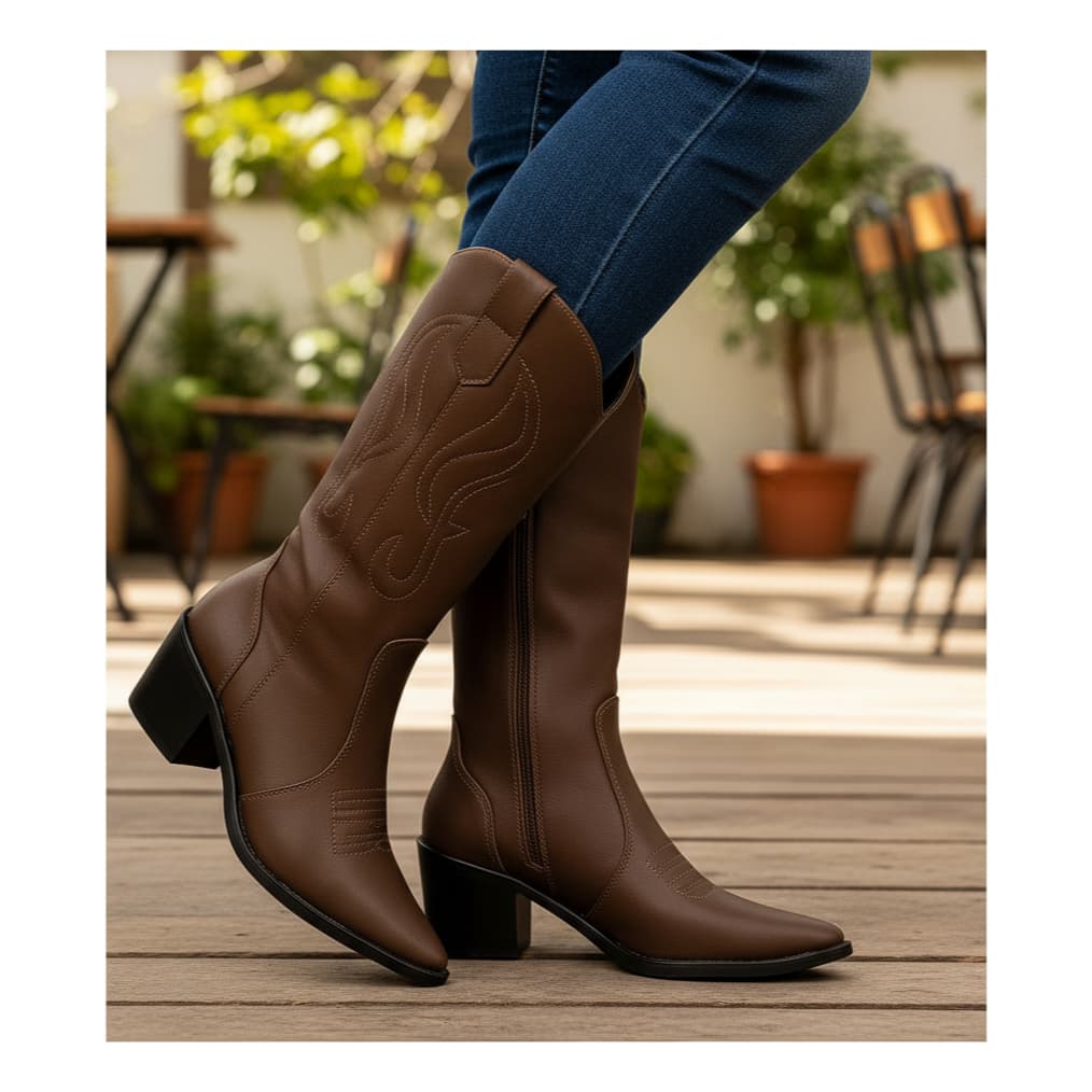 Bota Texana Feminina Country Cano Alto Bico Fino Confortável Estilo Western Café