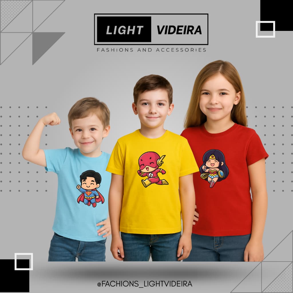 Camiseta Infantil DC Super Heróis, 100% Algodão, Superman, Flash e Mulher Maravilha, Disponível em Várias Cores