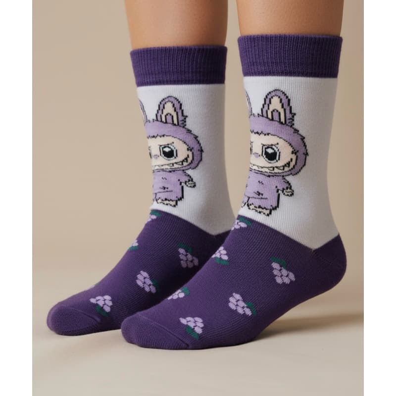 Meia Labubu Roxa Personagem Fofa Infantil Moda Geek, Casual Criativa Algodão Macio Estilosa e Confortável
