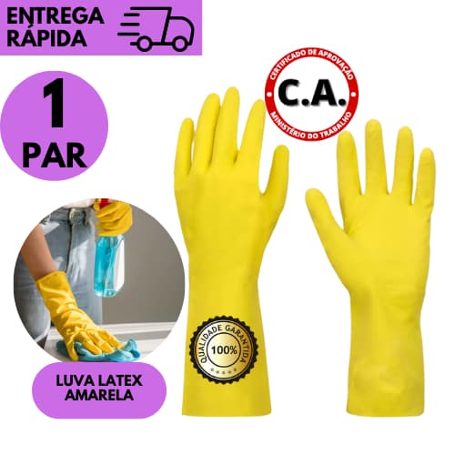Kits 1/3 ou 6 Luva de Látex Amarela Multiuso Doméstica Limpeza Cozinha Banheiro Jardinagem Proteção