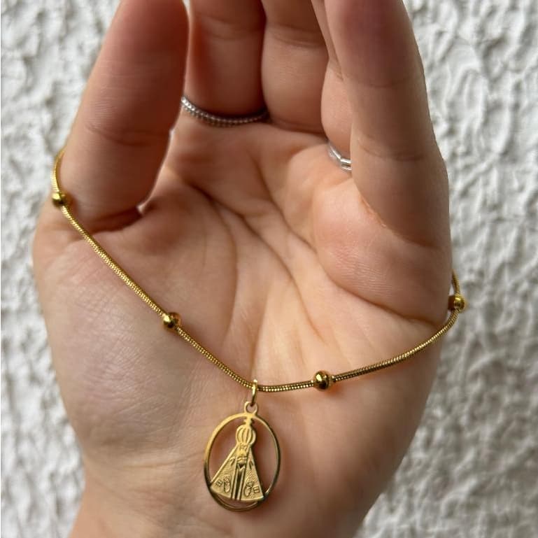 Pulseira Medalha Nossa Senhora Aparecida Aço Inox Religiosa Frente e Verso Católico