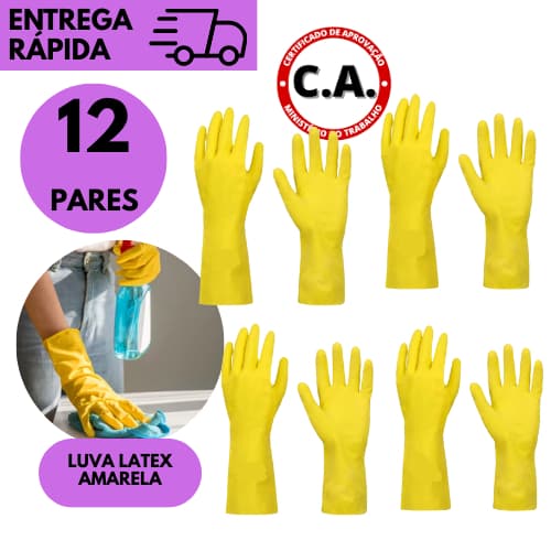 Kits 12/9 ou 6 Luva de Látex Amarela Multiuso Para Cozinha Limpeza Geral Banheiro Jardinagem