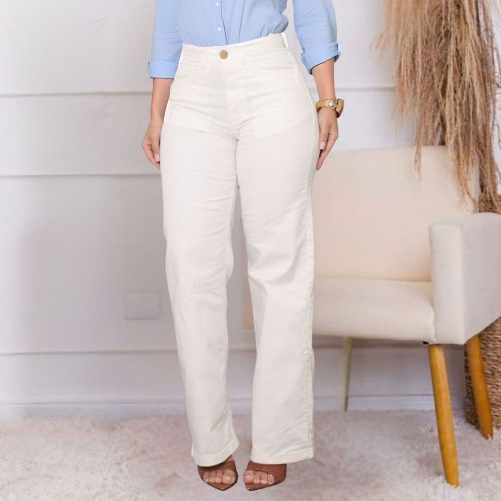Calça Wide Leg Jeans Feminina Cós Alto Pantalona  Algodão Levanta Bumbum Branco Off White Ano Novo
