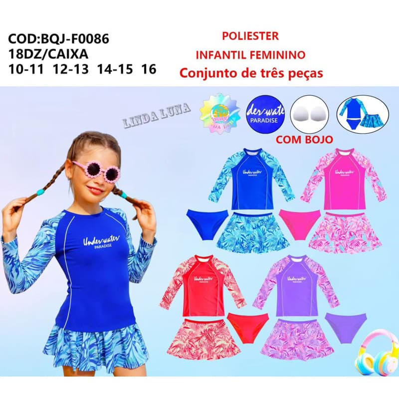 Conjunto Biquini 10-16 ANOS JUVENIL Proteção Solar UV Blusa + Calcinha+saia
