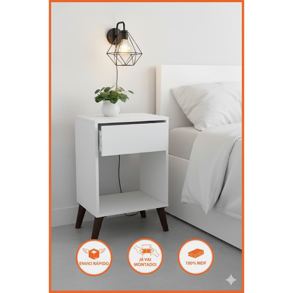Mesa de Cabeceira Retro com Gaveta Nicho Pé Palito PVC 100% MDF Quarto Moderna Premium Vai Montado