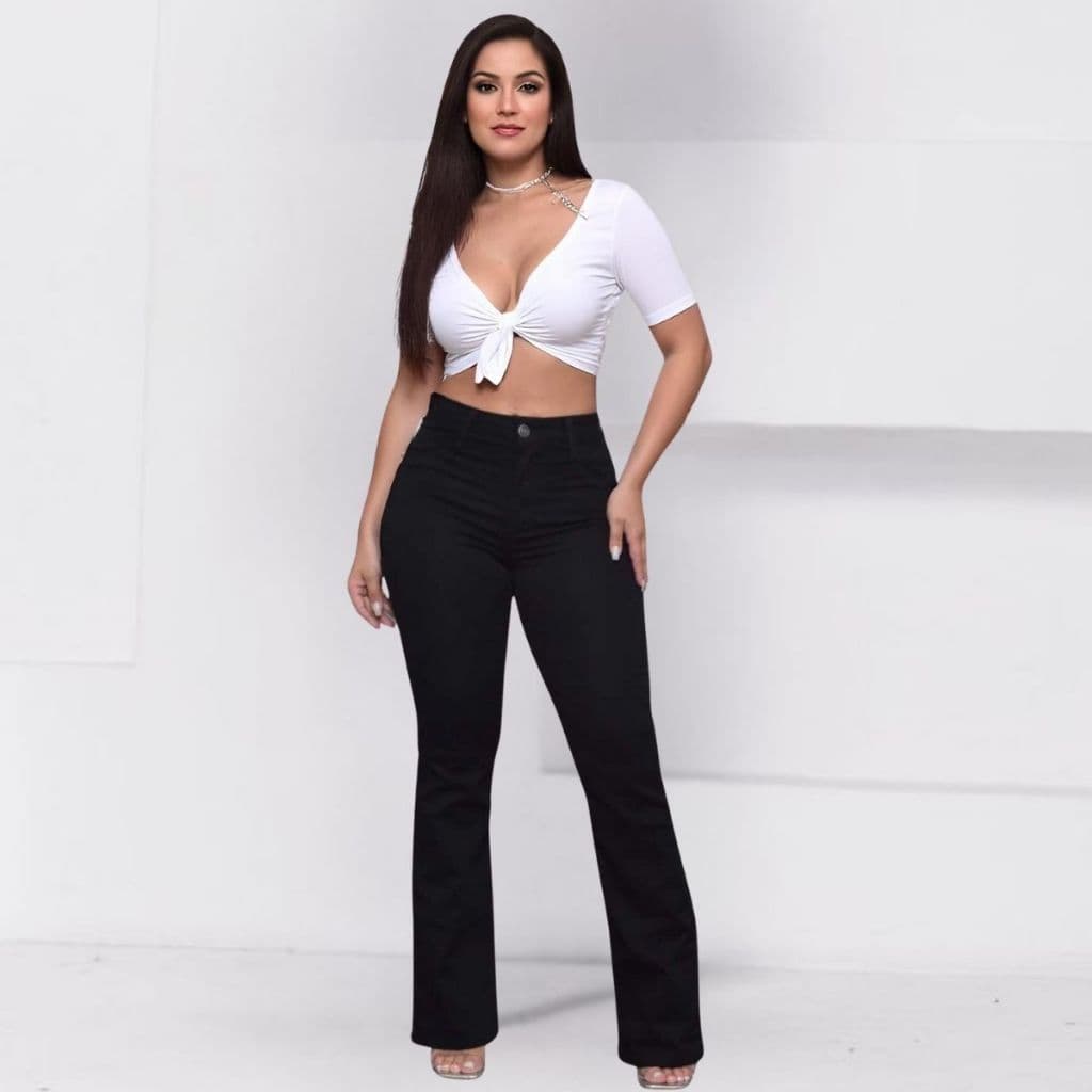 Calça jeans Preta Flare Feminina Cintura Alta boca de sino Larga  levanta bumbum lycra Elastano